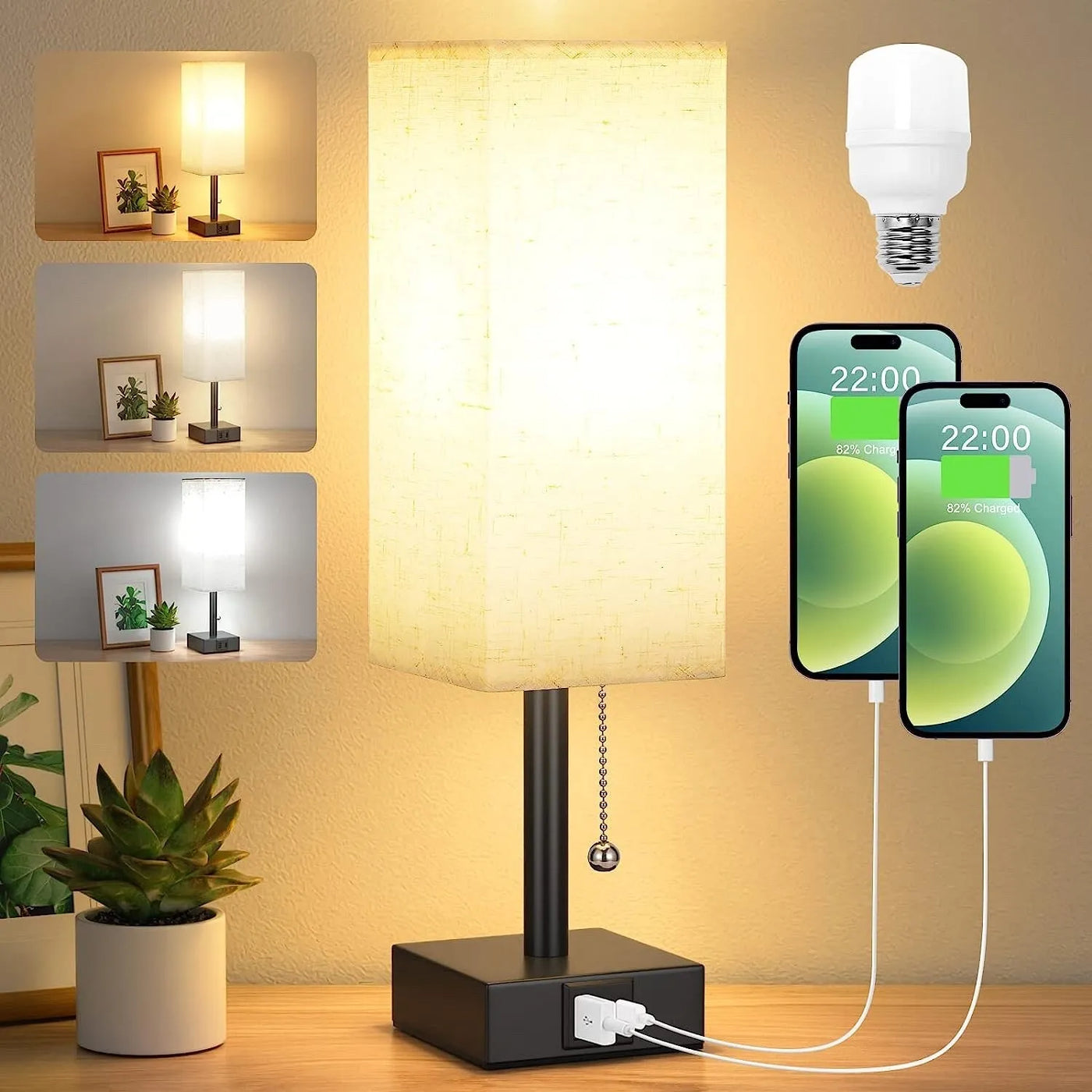 3 Color Bedside Table Lamp with USB C+A Ports